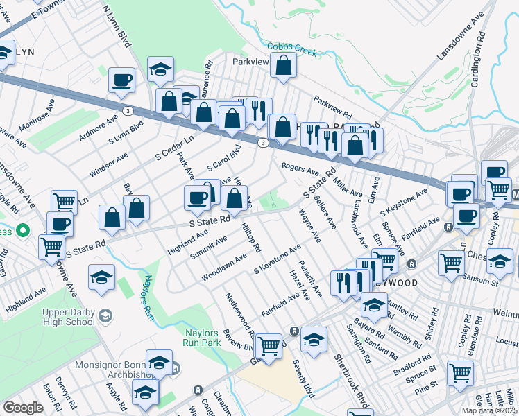 map of restaurants, bars, coffee shops, grocery stores, and more near 88 South State Road in Upper Darby