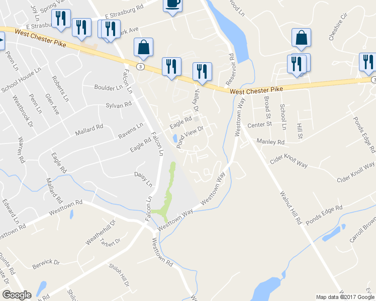map of restaurants, bars, coffee shops, grocery stores, and more near 1821 Valley Drive in West Chester