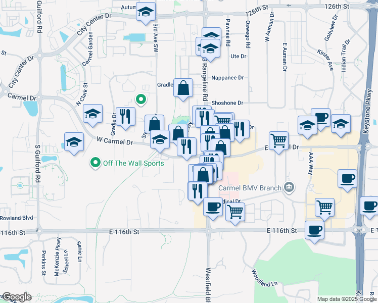 map of restaurants, bars, coffee shops, grocery stores, and more near 1225 Veterans Way in Carmel