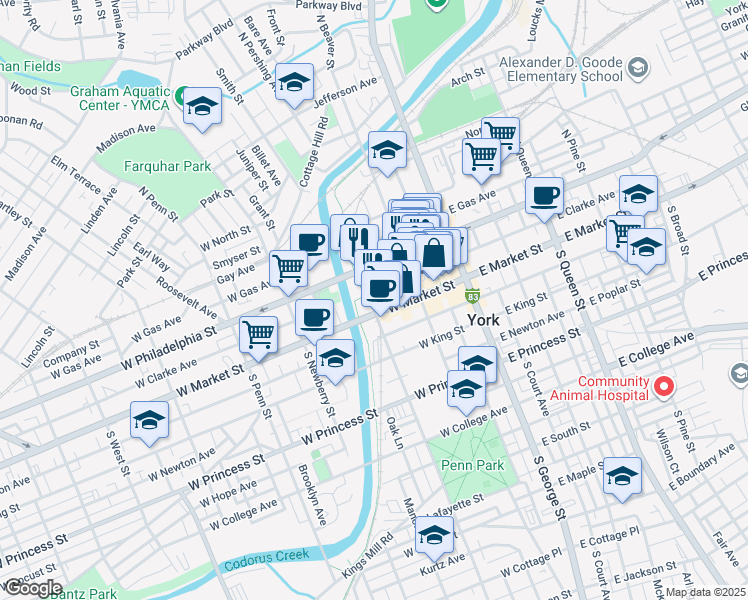 map of restaurants, bars, coffee shops, grocery stores, and more near 157 West Market Street in York