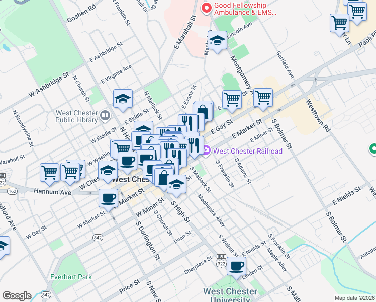 map of restaurants, bars, coffee shops, grocery stores, and more near 213 East Market Street in West Chester