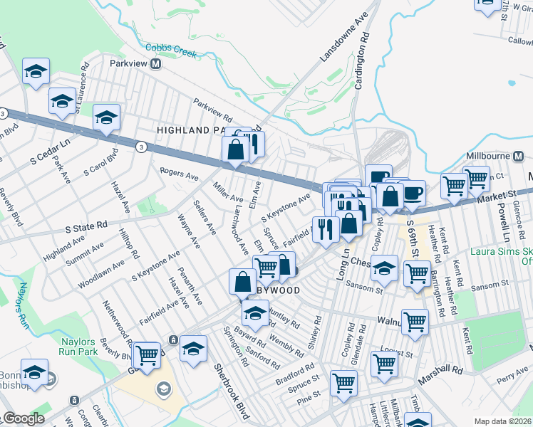 map of restaurants, bars, coffee shops, grocery stores, and more near 529 Winfield Avenue in Delaware County