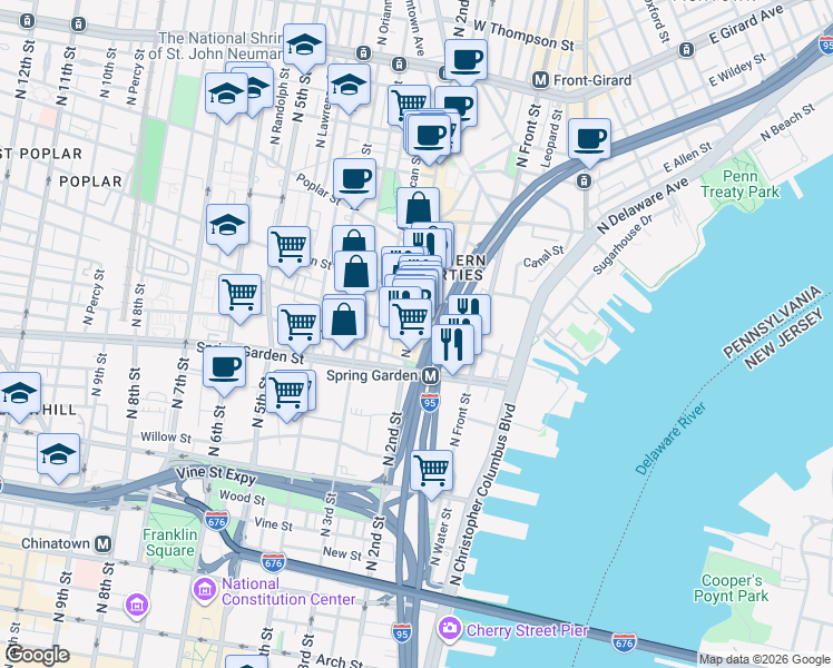map of restaurants, bars, coffee shops, grocery stores, and more near 625 North 2nd Street in Philadelphia