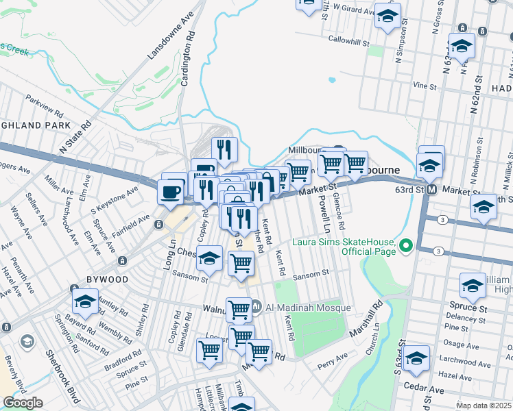 map of restaurants, bars, coffee shops, grocery stores, and more near 6826-6828 West Chester Pike in Delaware County