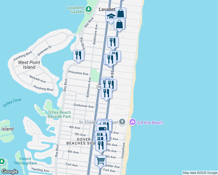 map of restaurants, bars, coffee shops, grocery stores, and more near 2207 Grand Central Avenue in Lavallette