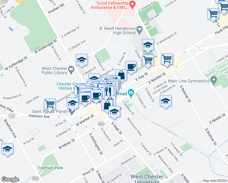 map of restaurants, bars, coffee shops, grocery stores, and more near 141 East Gay Street in West Chester