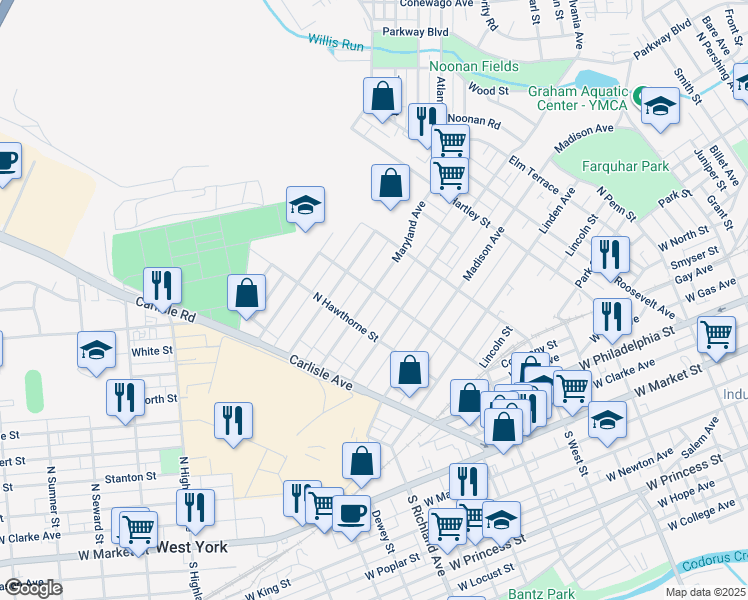 map of restaurants, bars, coffee shops, grocery stores, and more near 704 Maryland Avenue in York