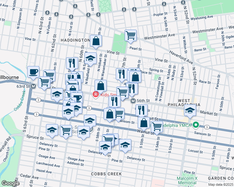map of restaurants, bars, coffee shops, grocery stores, and more near 16 North 57th Street in Philadelphia