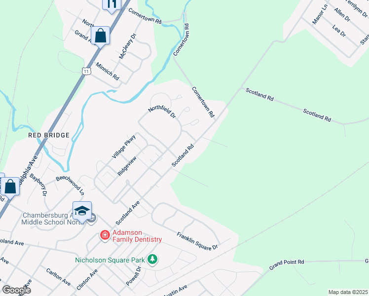 map of restaurants, bars, coffee shops, grocery stores, and more near 2371 Scotland Road in Chambersburg