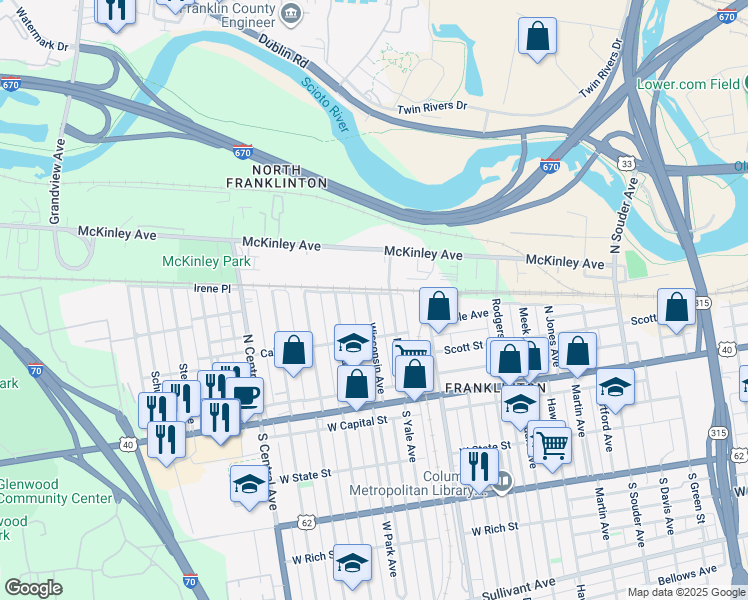 map of restaurants, bars, coffee shops, grocery stores, and more near 157 Wisconsin Avenue in Columbus