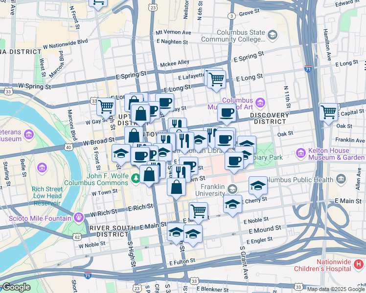 map of restaurants, bars, coffee shops, grocery stores, and more near 50 South Young Street in Columbus