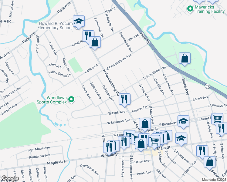 map of restaurants, bars, coffee shops, grocery stores, and more near 403 Oakland Avenue in Maple Shade