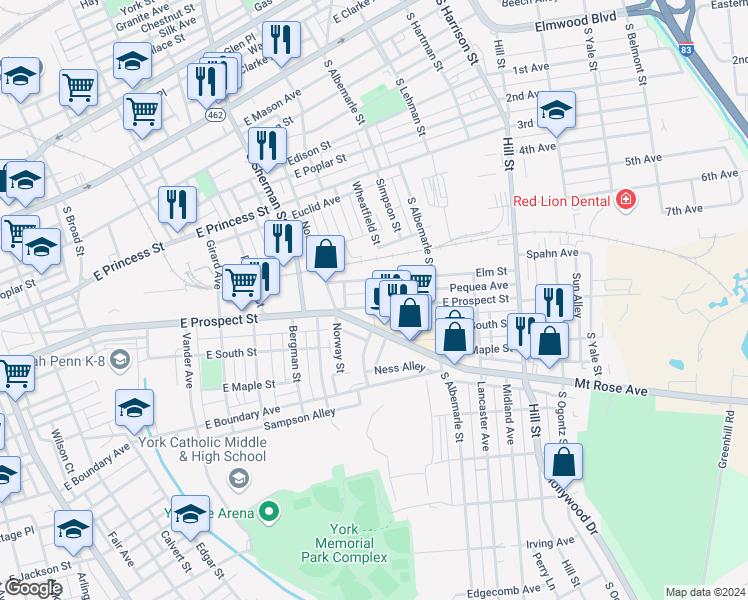 map of restaurants, bars, coffee shops, grocery stores, and more near 955 East Prospect Street in York