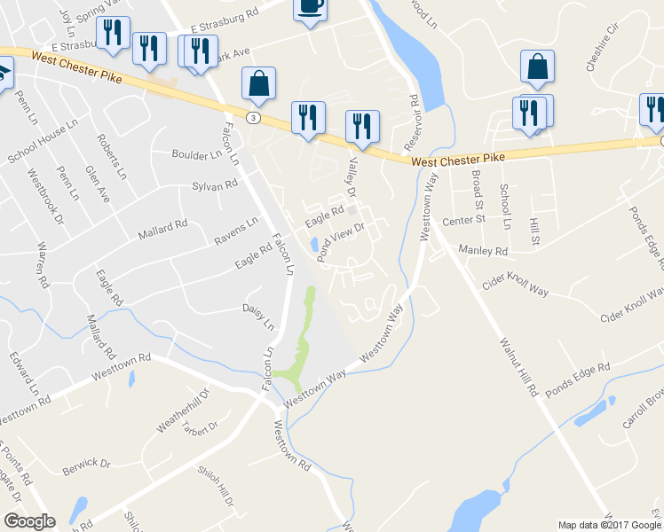 map of restaurants, bars, coffee shops, grocery stores, and more near 1903 Valley Drive in West Chester