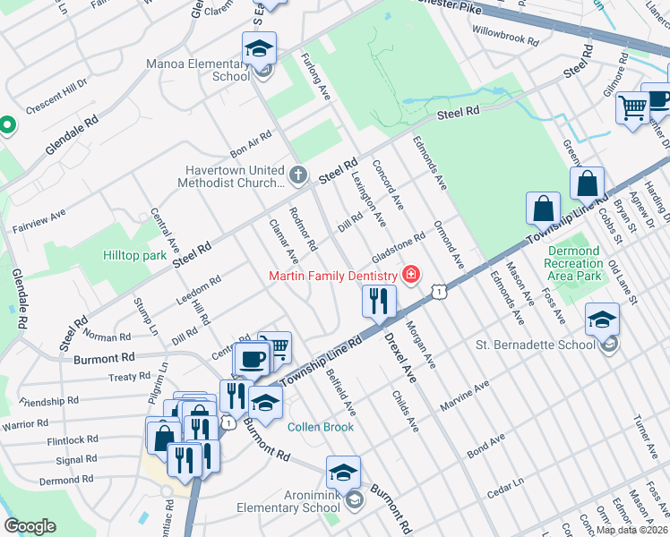 map of restaurants, bars, coffee shops, grocery stores, and more near 81 Rodmor Road in Havertown