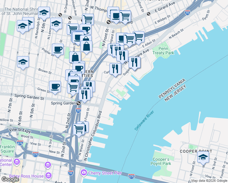 map of restaurants, bars, coffee shops, grocery stores, and more near 901 North Penn Street in Philadelphia