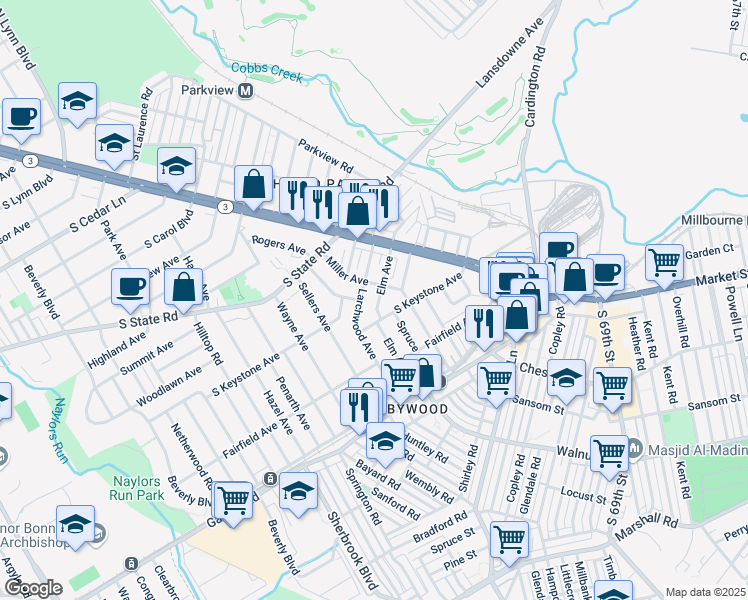 map of restaurants, bars, coffee shops, grocery stores, and more near 47 Elm Avenue in Delaware County