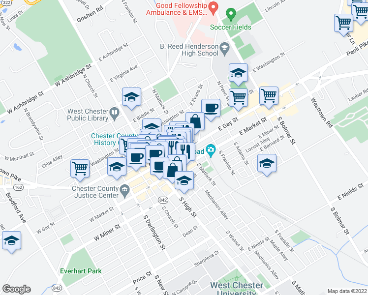 map of restaurants, bars, coffee shops, grocery stores, and more near 143 East Gay Street in West Chester