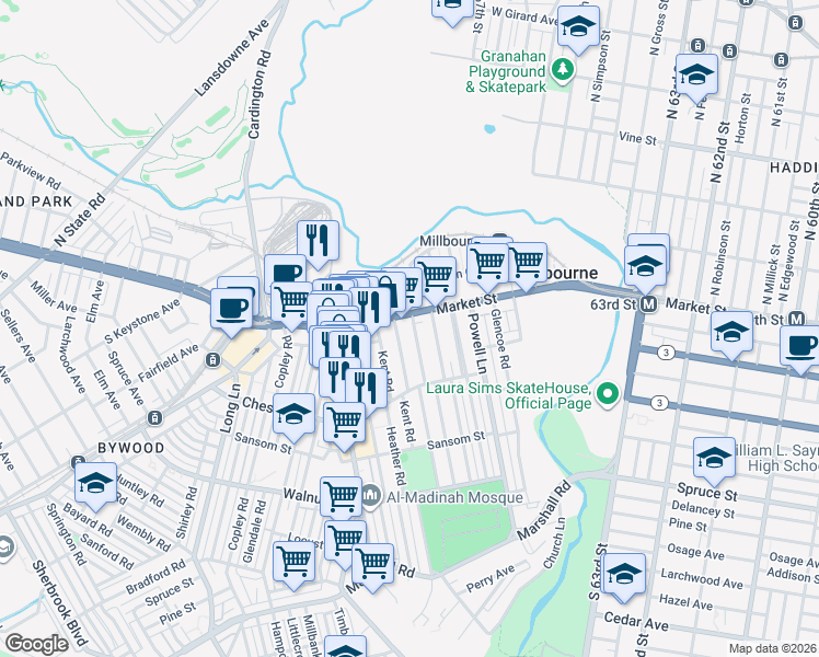 map of restaurants, bars, coffee shops, grocery stores, and more near 8 Chatham Road in Delaware County