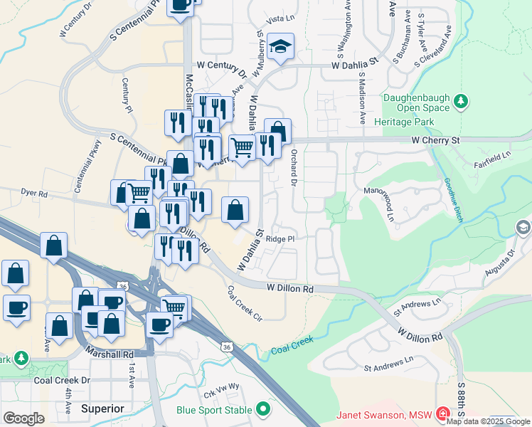 map of restaurants, bars, coffee shops, grocery stores, and more near 615 Ridgeview Drive in Louisville