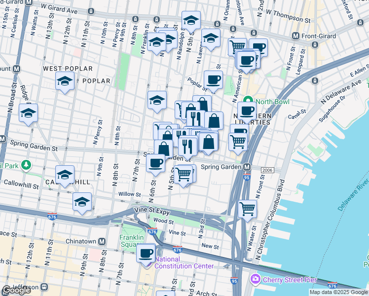 map of restaurants, bars, coffee shops, grocery stores, and more near 553 North Lawrence Street in Philadelphia