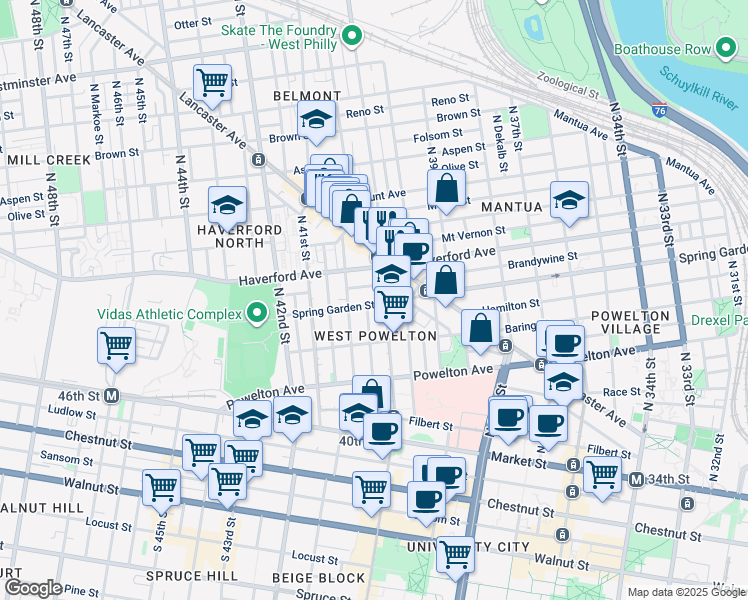 map of restaurants, bars, coffee shops, grocery stores, and more near 4011 Spring Garden Street in Philadelphia