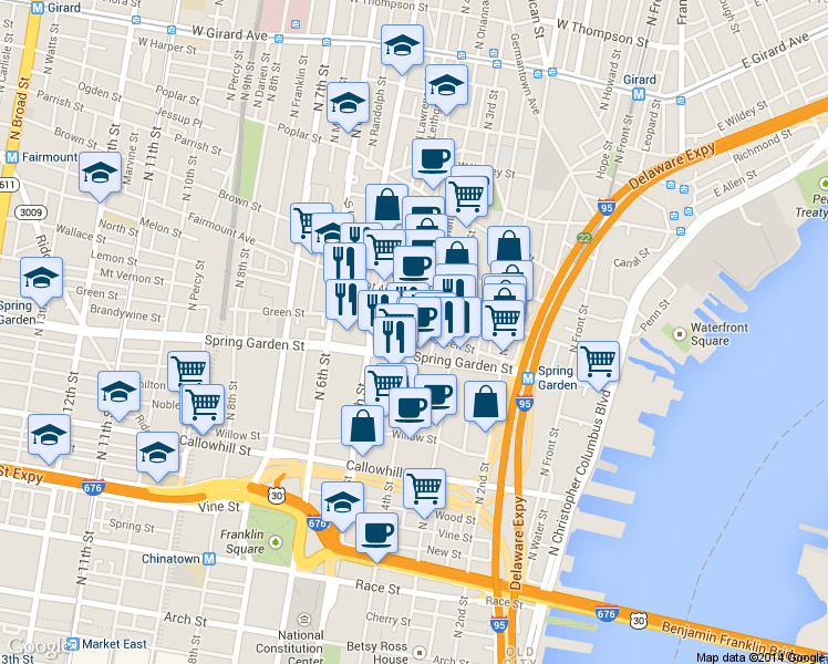 map of restaurants, bars, coffee shops, grocery stores, and more near N 4th St & Green St in Philadelphia