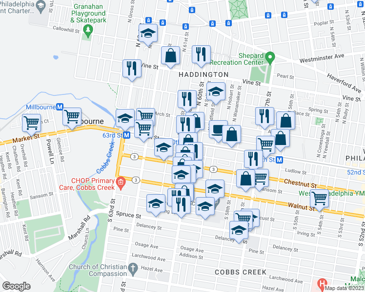 map of restaurants, bars, coffee shops, grocery stores, and more near 6022 Market Street in Philadelphia