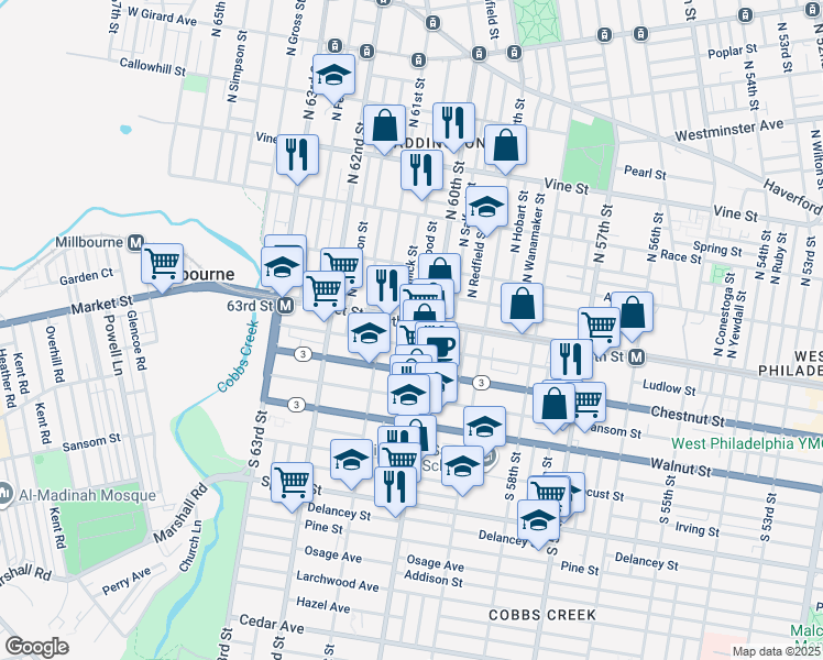map of restaurants, bars, coffee shops, grocery stores, and more near 6011-25 Ludlow Street in Philadelphia