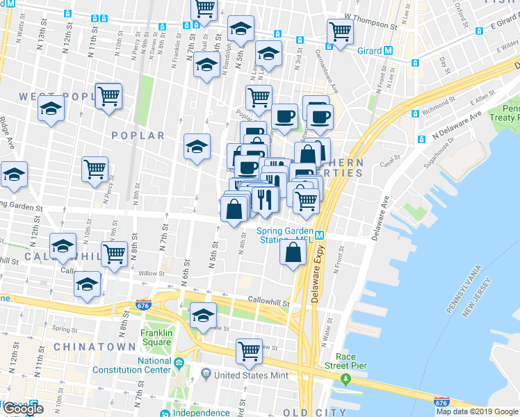 map of restaurants, bars, coffee shops, grocery stores, and more near 317 Green Street in Philadelphia