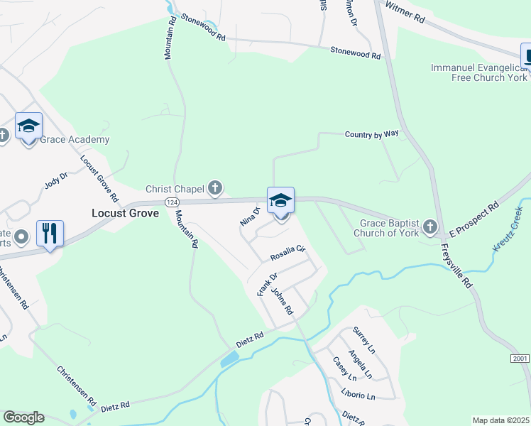 map of restaurants, bars, coffee shops, grocery stores, and more near 15 Nina Drive in York