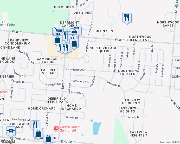 map of restaurants, bars, coffee shops, grocery stores, and more near 1543 Providence Avenue in Springfield