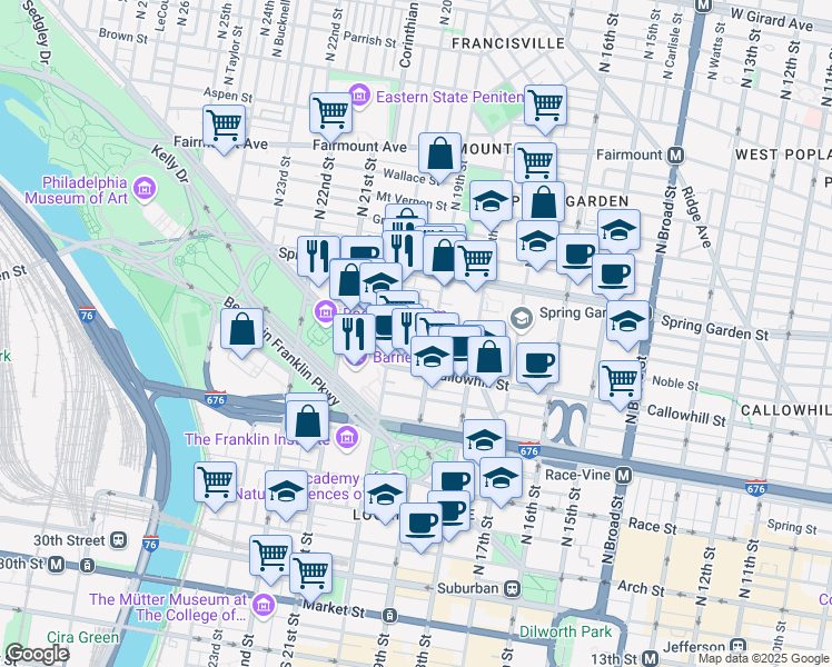 map of restaurants, bars, coffee shops, grocery stores, and more near 1900 Hamilton Street in Philadelphia