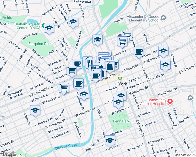 map of restaurants, bars, coffee shops, grocery stores, and more near 141 Pennsylvania 74 in York