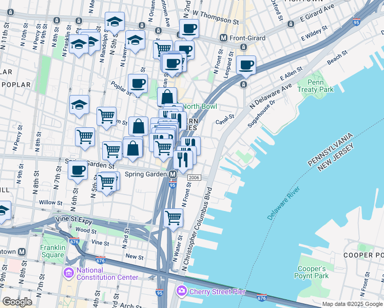 map of restaurants, bars, coffee shops, grocery stores, and more near 702 North Front Street in Philadelphia