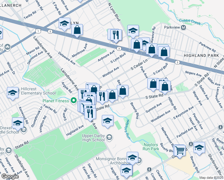map of restaurants, bars, coffee shops, grocery stores, and more near 411 Arlington Avenue in Upper Darby