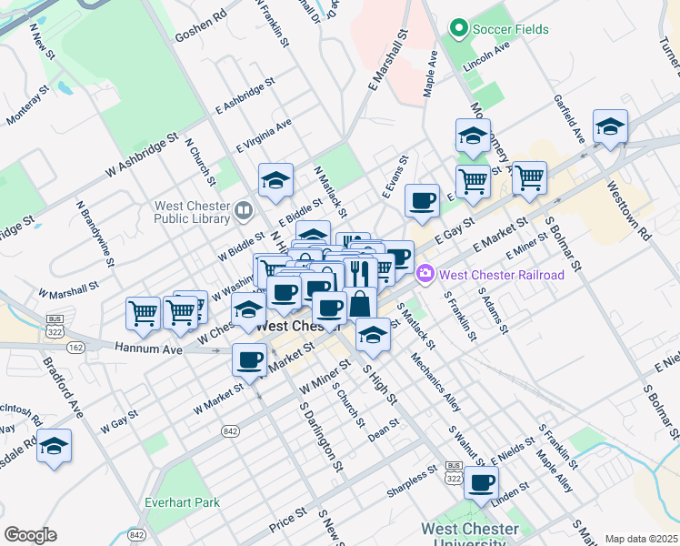 map of restaurants, bars, coffee shops, grocery stores, and more near 14 East Chestnut Street in West Chester
