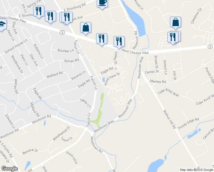 map of restaurants, bars, coffee shops, grocery stores, and more near 2019 Valley Drive in West Chester