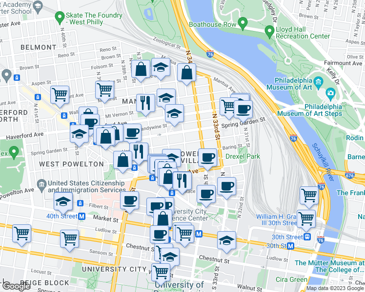 map of restaurants, bars, coffee shops, grocery stores, and more near 3500 Hamilton Street in Philadelphia
