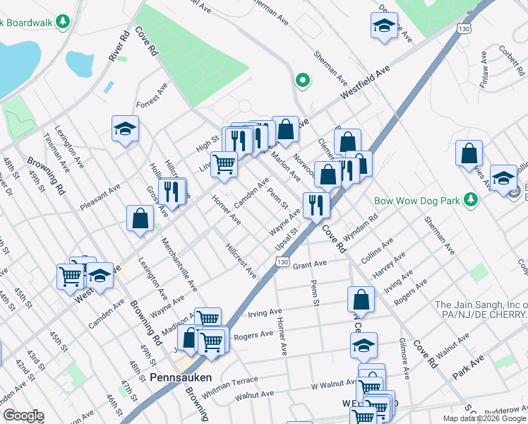map of restaurants, bars, coffee shops, grocery stores, and more near 2266 Mulford Avenue in Pennsauken Township