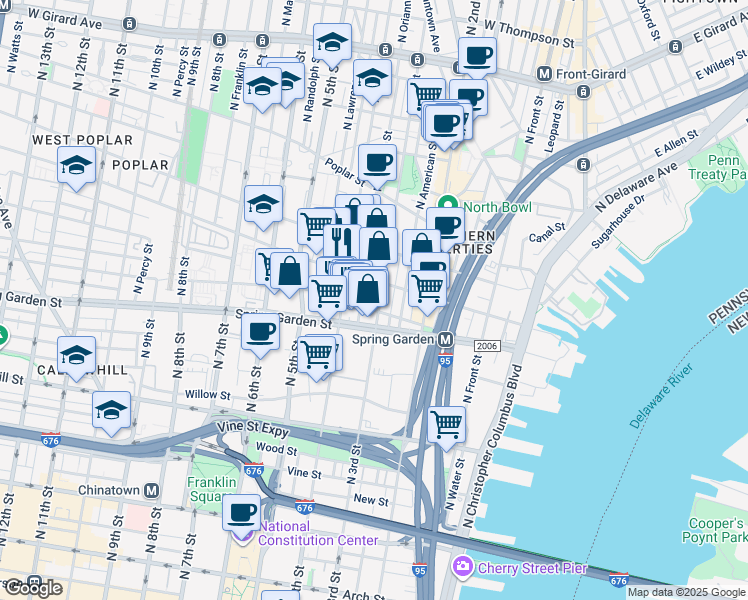 map of restaurants, bars, coffee shops, grocery stores, and more near 303 Green Street in Philadelphia