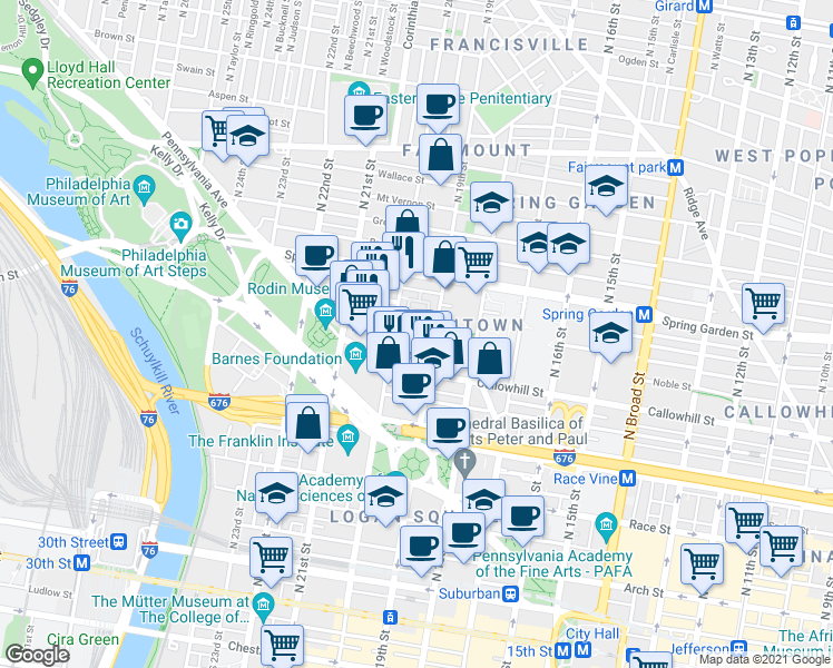 map of restaurants, bars, coffee shops, grocery stores, and more near 1900 Hamilton Street in Philadelphia