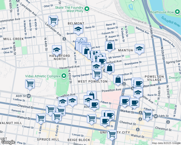 map of restaurants, bars, coffee shops, grocery stores, and more near 4019 Spring Garden Street in Philadelphia