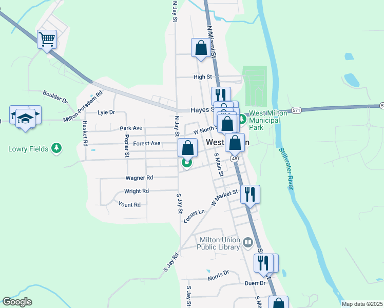 map of restaurants, bars, coffee shops, grocery stores, and more near 185 West Hamilton Street in West Milton