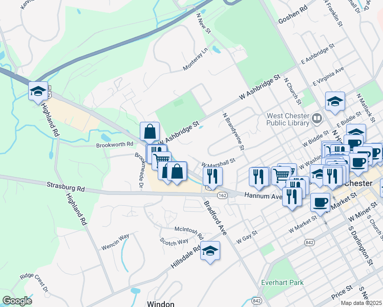 map of restaurants, bars, coffee shops, grocery stores, and more near 571 West Marshall Street in West Chester