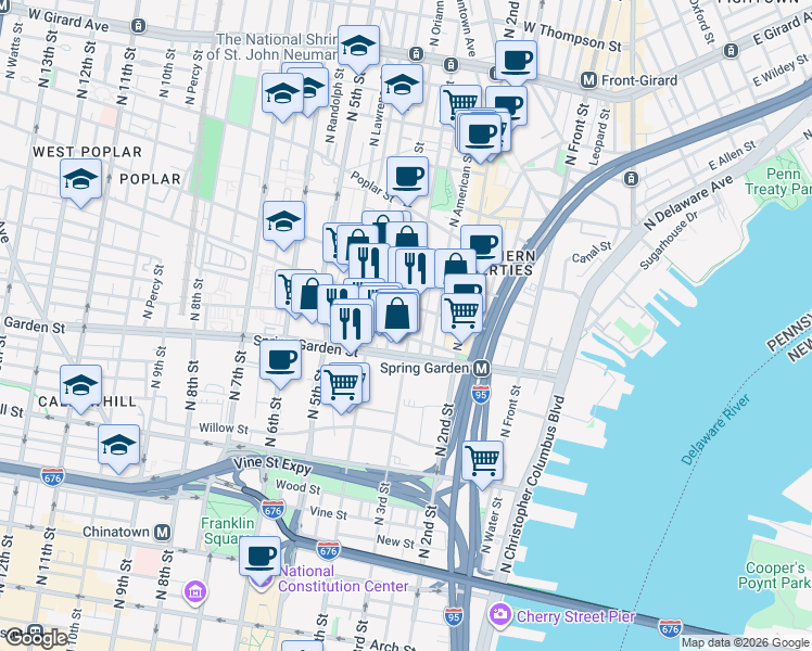 map of restaurants, bars, coffee shops, grocery stores, and more near 545 North Orianna Street in Philadelphia