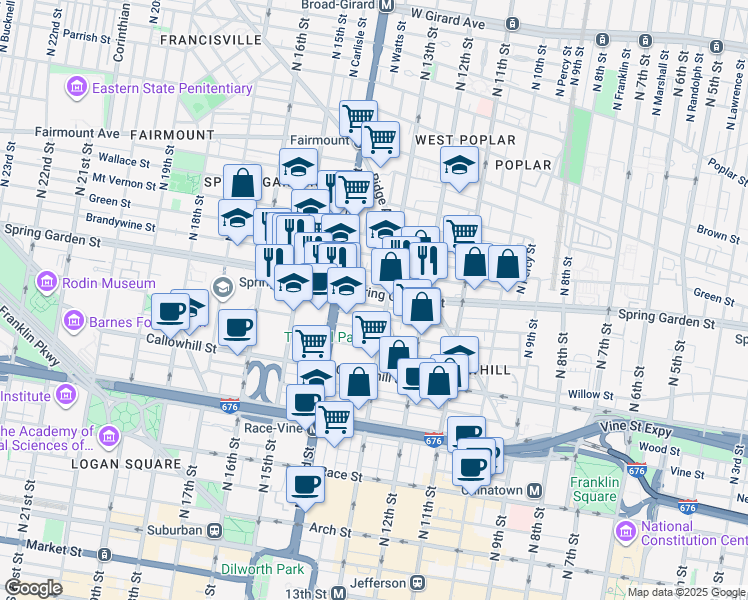 map of restaurants, bars, coffee shops, grocery stores, and more near 1327 Buttonwood Street in Philadelphia