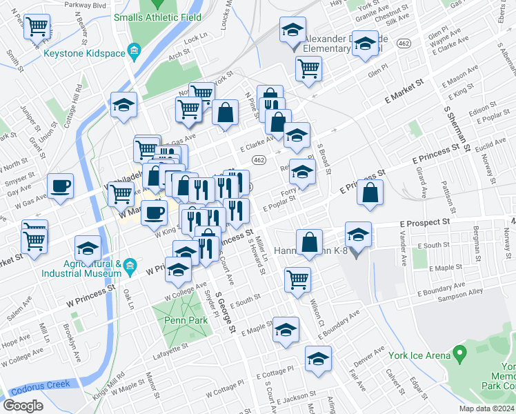 map of restaurants, bars, coffee shops, grocery stores, and more near 121 South Queen Street in York