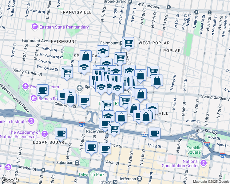 map of restaurants, bars, coffee shops, grocery stores, and more near Nectarine Street in Philadelphia
