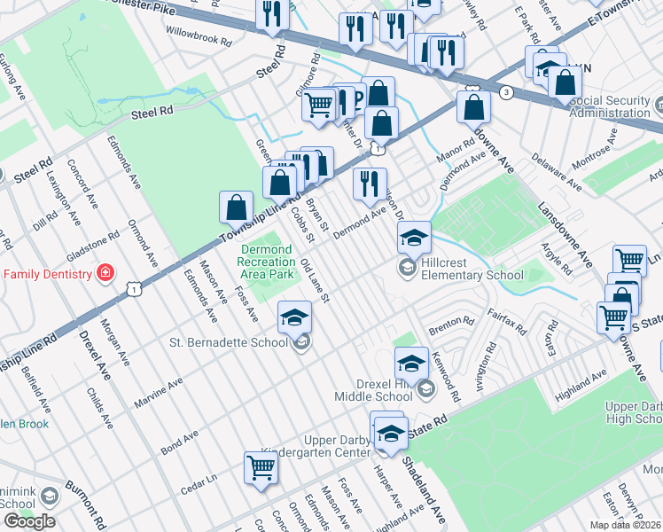 map of restaurants, bars, coffee shops, grocery stores, and more near 1111 Cobbs Street in Drexel Hill